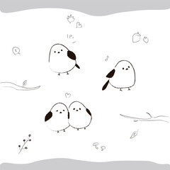 シマエナガ　手書き　白黒　かわいい　イラスト
