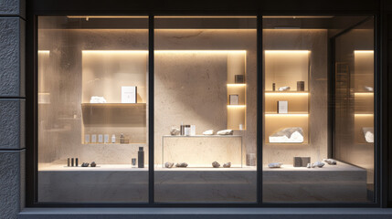 Chic storefront display featuring luxury cosmetics, minimalist stands, decorative stones, and candles