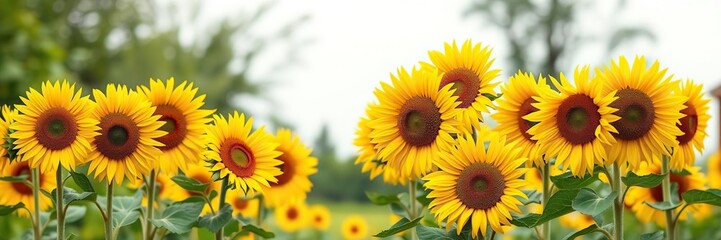 Fototapeta premium Group of tall sunflowers standing together in a garden or field, botanical, watercolor, botanical art