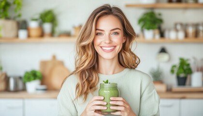Healthy weight loss journey woman with green smoothie in bright kitchen wellness content home environment transformation concept