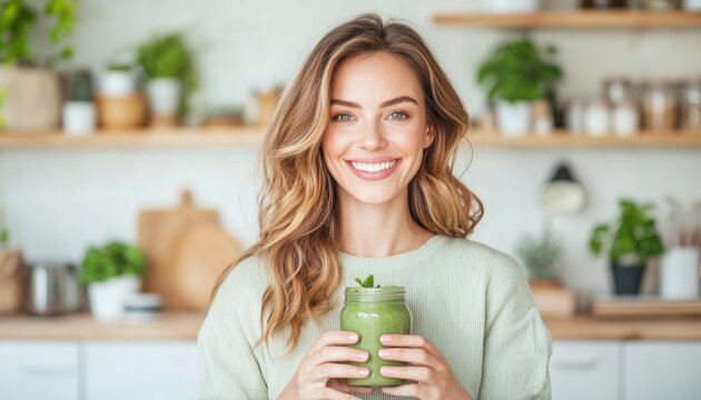 Healthy weight loss journey woman with green smoothie in bright kitchen wellness content home environment transformation concept