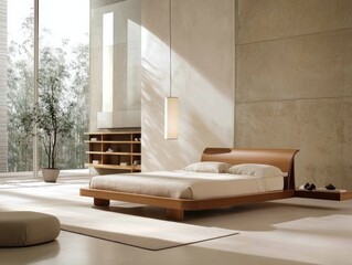 Fototapeta premium Modern Minimalist Bedroom Design With Wooden Bed