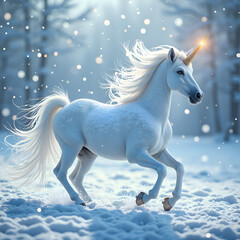 Fototapeta premium A majestic white unicorn galloping through a snowy forest with sparkling snowflakes, digital art of fantasy creature concept.