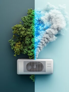 Air conditioner contrasting nature and pollution.