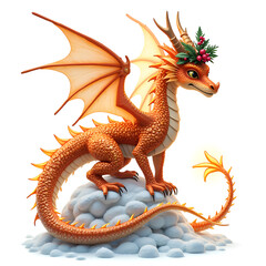 Fototapeta premium A majestic orange dragon with holiday decorations standing proudly on a snowy summit, digital art of fantasy creature concept.