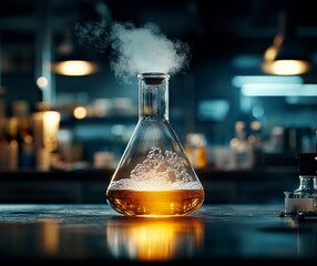 Beaker with bubbling liquid in a lab setting.