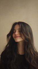 Fototapeta premium Young woman with long, radiant hair smiles joyfully against soft beige background, showcasing contemporary hairdressing style