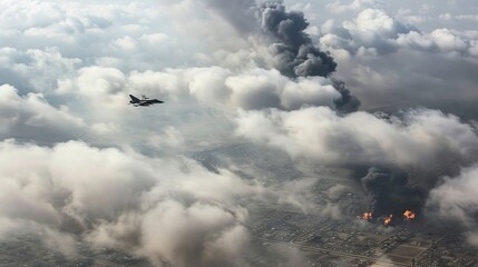 Obraz premium Aerial view of military aircraft dropping bombs over a city, with smoke and fire rising from the target area, capturing the intense and impactful moment of the strike. 