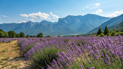 Fototapeta premium Lavender blooms in full bloom against a backdrop of towering mountains and a bright blue sky with not a cloud in sight, mountain scenery, lavender fields