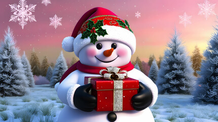Cheerful snowman with a red hat and scarf standing in a snowy landscape with gift box
