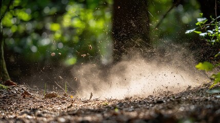 Fototapeta premium Dust rising on a forest path during summer