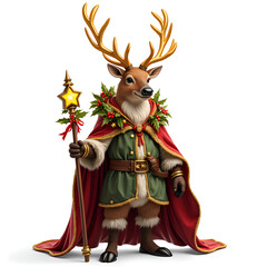 A majestic reindeer dressed in royal garb with antlers and a festive cape holding a star staff, digital illustration of fantasy character design concept.