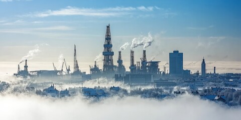 Naklejka premium Industrial refinery complex in foggy urban skyline with smokestacks, pollution, and cityscape under a blue sky illustrating environmental impact and industry
