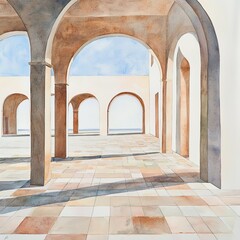 Fototapeta premium Watercolor painting of a deserted plaza with clean, smooth tiles, large empty arches, and a distant view of the horizon