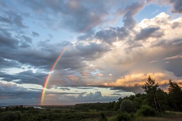 Rainbow's vibrant colors dance across the grey and white clouds at dawn, grey, vibrant, cloud, rainbow