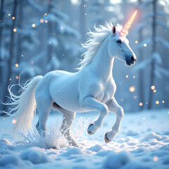 Naklejka premium Majestic snowy unicorn galloping through a dreamlike winter wonderland with glimmering snowflakes, digital art of fantasy concept.