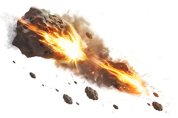 Fototapeta premium Fire bonfire white background destruction. Burning asteroid mountain outdoors bonfire. Falling asteroid effect photo , meteor light fire isolated on white 
