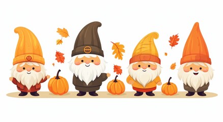 Fototapeta premium Four Autumn Gnomes with Pumpkins and Falling Leaves
