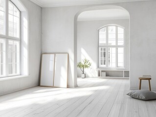 Fototapeta premium Bright Minimalist Room With Large Windows and Blank Frame