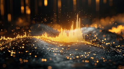 An abstract visualization combining sound waves and a fingerprint pattern, illuminated by golden lights, creating a dynamic digital landscape.