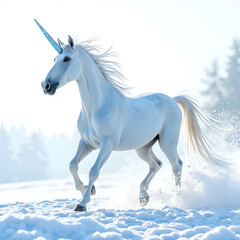 Fototapeta premium Majestic white unicorn galloping through sparkling snowy landscape in ethereal winter light, digital art of fantasy creature concept.