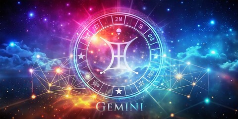 Captivating Gemini Logo Design in a Candid Photography Style Featuring Duality and Stars Against a Dynamic Background for Astrological Themes