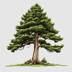 Fototapeta premium Detailed Illustration of a Majestic Evergreen Tree with Lush Green Foliage and Sturdy Trunk, Set Against a Neutral Background for Nature and Botanical Themes
