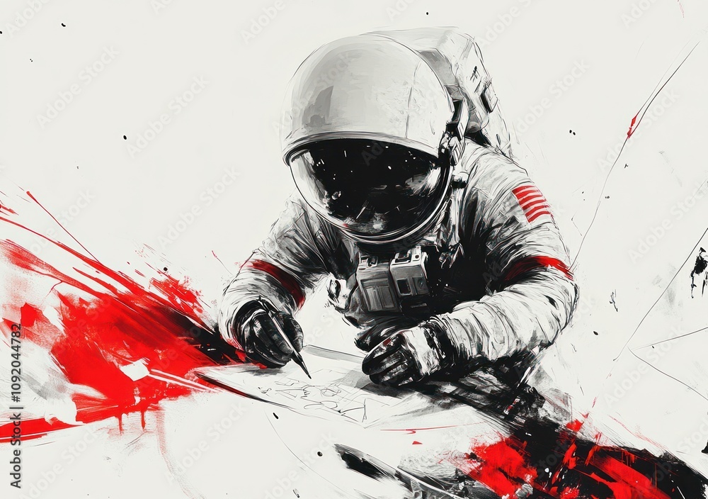 Poster An astronaut sketches in space, surrounded by abstract red splashes, blending art and exploration.
