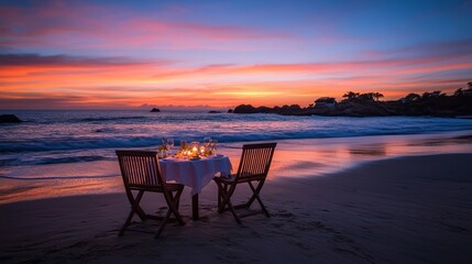 A romantic dinner setup on a private beach, with a table for two lit by candles