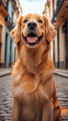 Golden Retriever in Historic City Street: Joyful Dog in Urban Setting, Cobblestone Path, Vibrant Architecture, Happy Canine Portrait, Friendly Pet in Townscape