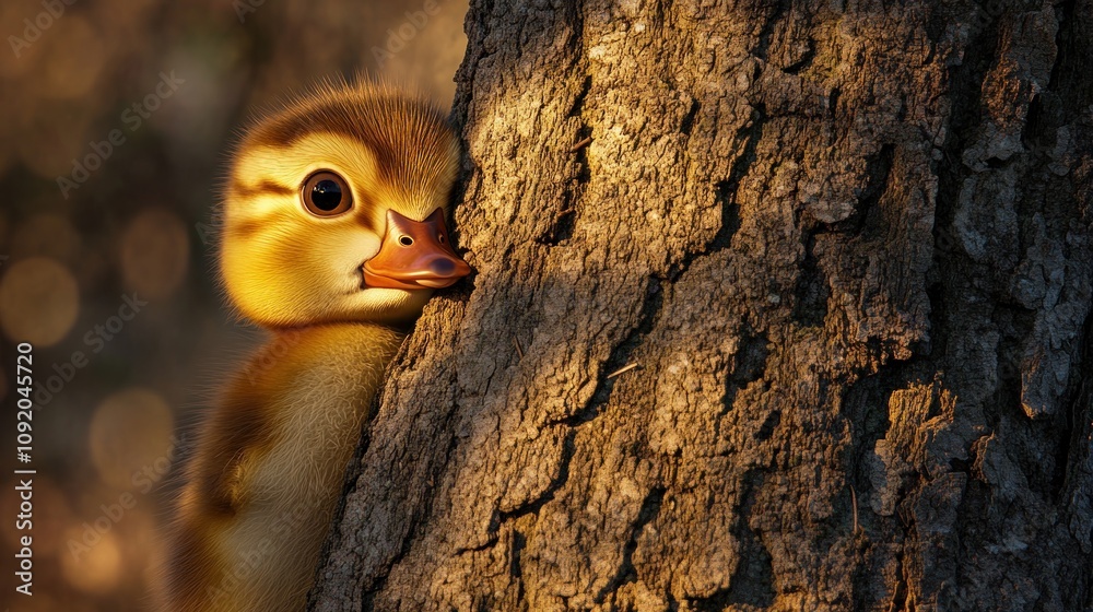 Aufkleber a close-up of a duckling peeking around a tree trunk in a warm, natural setting.