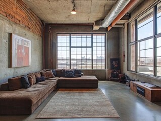Fototapeta premium Modern Loft Apartment With Exposed Brick And Large Windows