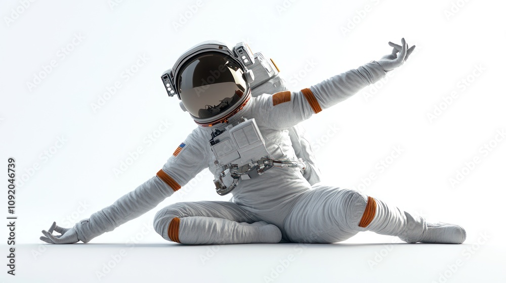 Poster an astronaut in a dynamic pose, showcasing space exploration and human creativity.