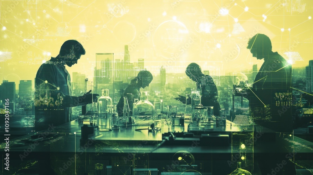 Poster scientists working in a lab with a city skyline in the background, showcasing research and innovatio