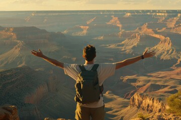 A solo traveler standing on the edge of the Grand Canyon, with the vast canyon walls glowing in the golden light of the setting sun