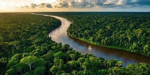 Aerial View of the Majestic Amazon River Winding Through Dense Lush Rainforest Under a Vibrant Sunrise, Dramatic Clouds, Nature, Wildlife, Ecosystem, Conservation