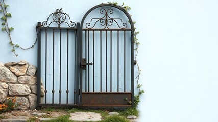 Obraz premium Vintage metal gate leaning against a weathered stone wall on a light blue background with a few vines and wildflowers, vines, vintage metal gate