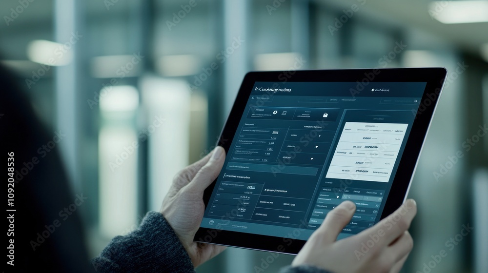 Leinwandbilder A person holding a tablet displaying a user interface with data and options.
