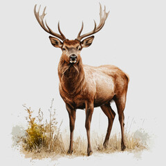 Fototapeta premium Majestic Stag with Impressive Antlers Standing in Natural Habitat Surrounded by Grass and Foliage, Capturing the Beauty of Wildlife and Nature