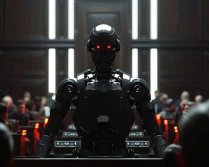 Fototapeta premium In a futuristic courtroom, an android judge presides over a trial involving complex ethical issues The dramatic lighting casts long shadows as the defendant, a human, pleads their case, capturing 