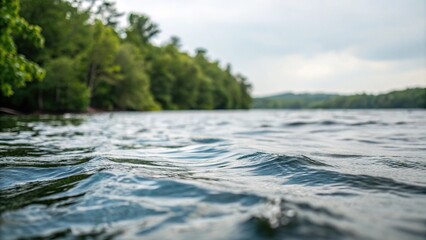 Fototapeta premium Wavy surface with blurred view of water's edge and surrounding foliage, natural world, foliage, water bodies, reflections, blurred image