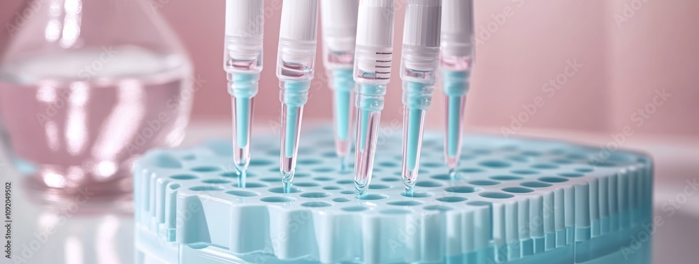 Aufkleber laboratory pipettes positioned over a multi-well plate, ready for liquid handling.