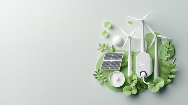 Explore the innovative paper cut style scene depicting renewable energy sources like wind turbines and solar panels for a sustainable future
