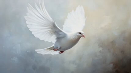 Obraz premium White dove in flight, wings spread wide against a soft, textured background.