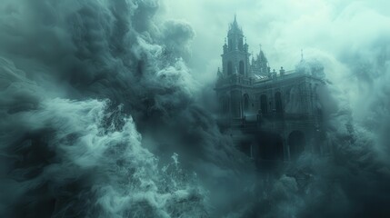 Fototapeta premium Ancient Church Submerged In Ethereal Dark Clouds