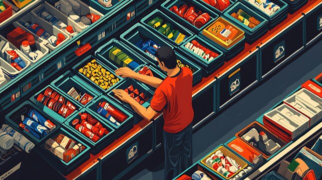 A man in a red shirt is shopping in a supermarket. He is looking at a bin of yellow snacks. The shelves are full of various products, illustrating the abundance of choices in a grocery store.