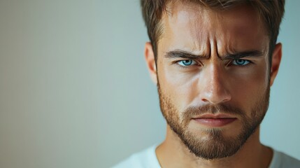 Fototapeta premium Serious Young Man with Striking Blue Eyes and Facial Hair, Close-up Portrait on Plain Background