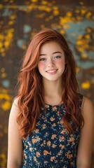 Naklejka premium A smiling young woman with long, wavy red hair in a floral dress.