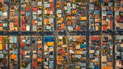 Fototapeta premium Aerial view of colorful houses in a residential neighborhood.