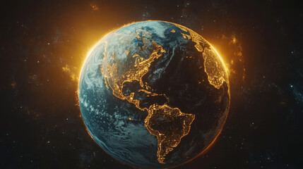 Fototapeta premium stunning Earth with glowing edges, showcasing vibrant continents and illuminated cities. This UHD rendering captures beauty of our planet in space
